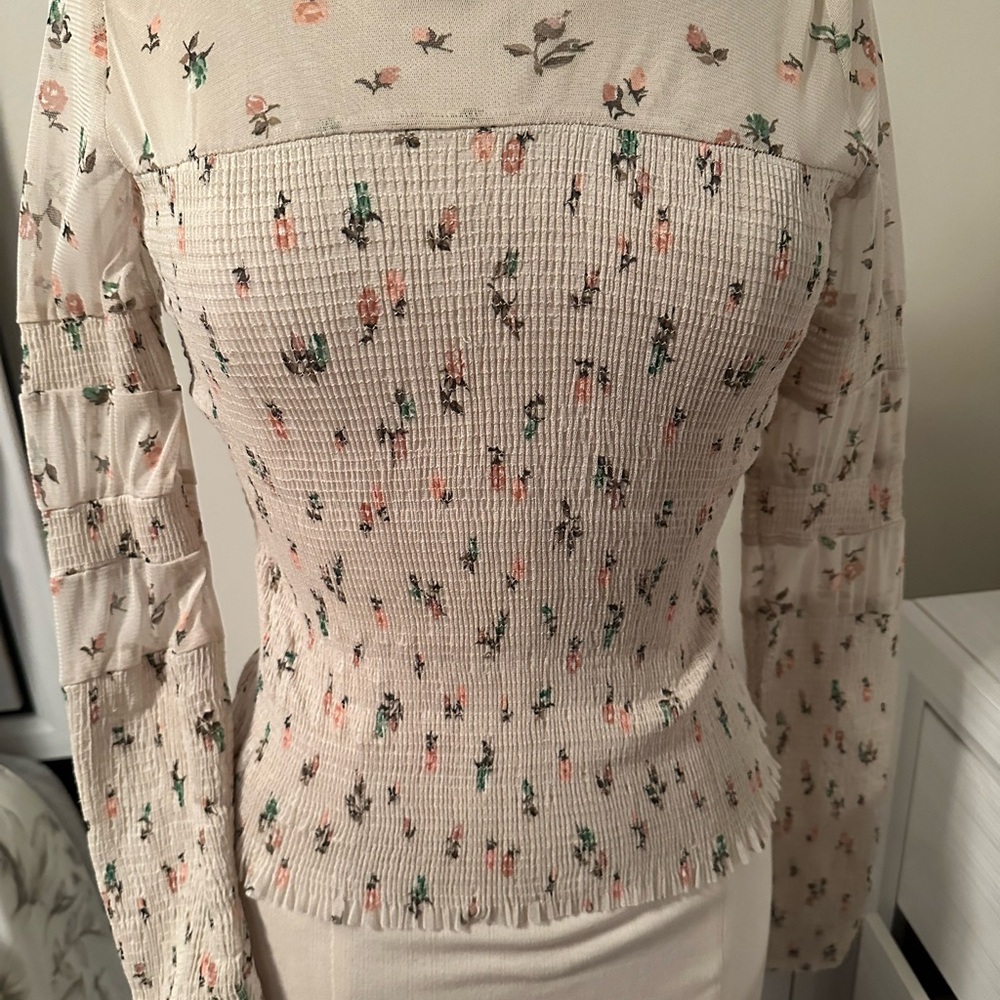 Cream Smocked Blouse with Tan Accents